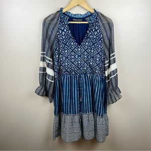 Hemant & Nandita Susan Tunic Dress Size Medium Peasant Boho Flounce Hem Blue